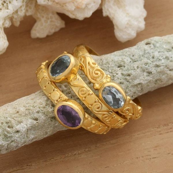 Alternate image for 3 Gold-Plated Blue Topaz Amethyst Stacking Solitaire Rings Chic Jewels