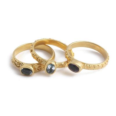 Alternate image for 3 Gold-Plated Blue Topaz Amethyst Stacking Solitaire Rings Chic Jewels