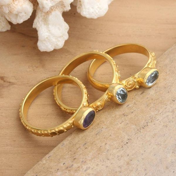 Alternate image for 3 Gold-Plated Blue Topaz Amethyst Stacking Solitaire Rings Chic Jewels