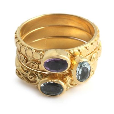 Alternate image for 3 Gold-Plated Blue Topaz Amethyst Stacking Solitaire Rings Chic Jewels