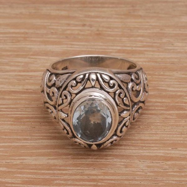 Alternate image for Blue Topaz and Sterling Silver Floral Motif Cocktail Ring Garden Air