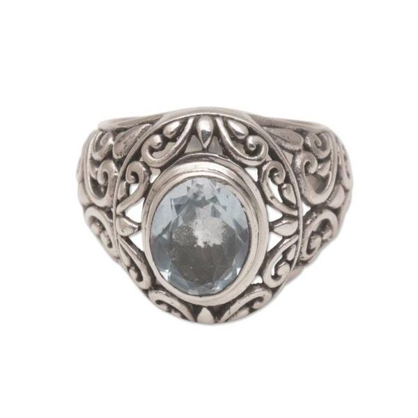 Alternate image for Blue Topaz and Sterling Silver Floral Motif Cocktail Ring Garden Air
