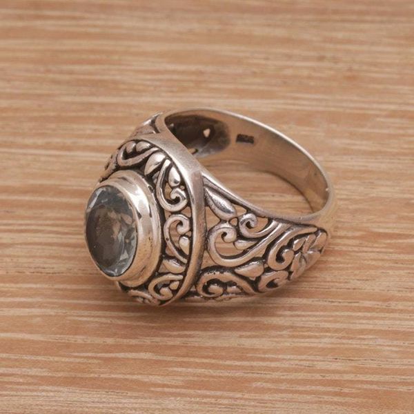 Alternate image for Blue Topaz and Sterling Silver Floral Motif Cocktail Ring Garden Air