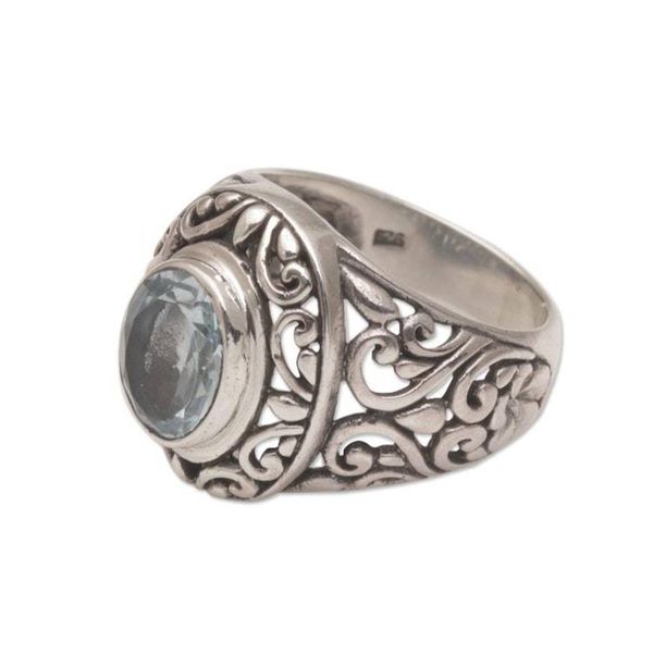 Alternate image for Blue Topaz and Sterling Silver Floral Motif Cocktail Ring Garden Air