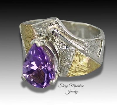 Primary image for One of a Kind Amethyst Ring, Contemporary Artistic Mixed Metal Wide Purple Amethyst Ring, Elegant Designer Cocktail Ring, Great Gift for Her Size 8