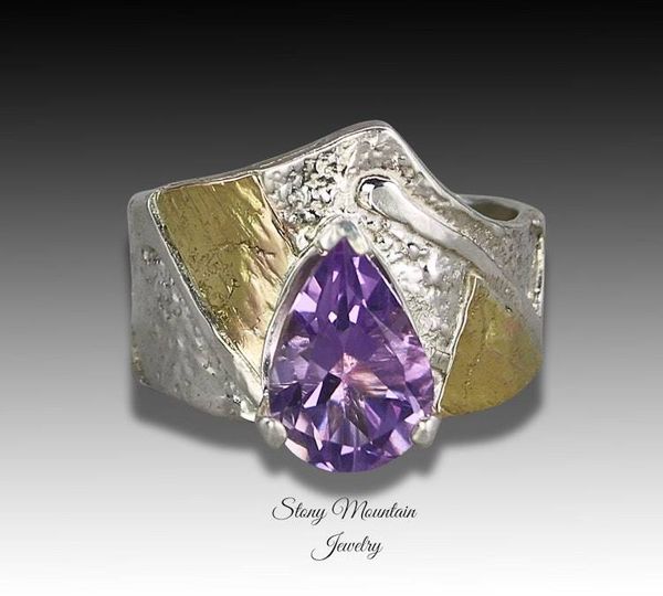 Alternate image for One of a Kind Amethyst Ring, Contemporary Artistic Mixed Metal Wide Purple Amethyst Ring, Elegant Designer Cocktail Ring, Great Gift for Her Size 8