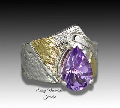 Alternate image for One of a Kind Amethyst Ring, Contemporary Artistic Mixed Metal Wide Purple Amethyst Ring, Elegant Designer Cocktail Ring, Great Gift for Her Size 8