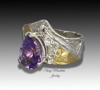 Alternate image for One of a Kind Amethyst Ring, Contemporary Artistic Mixed Metal Wide Purple Amethyst Ring, Elegant Designer Cocktail Ring, Great Gift for Her Size 8
