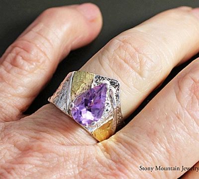 Alternate image for One of a Kind Amethyst Ring, Contemporary Artistic Mixed Metal Wide Purple Amethyst Ring, Elegant Designer Cocktail Ring, Great Gift for Her Size 8