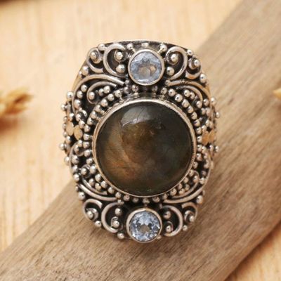 Alternate image for Labradorite and Blue Topaz Cocktail Ring from Bali Beguiling Soul
