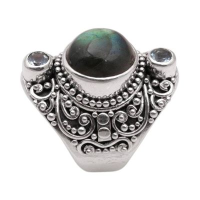 Alternate image for Labradorite and Blue Topaz Cocktail Ring from Bali Beguiling Soul