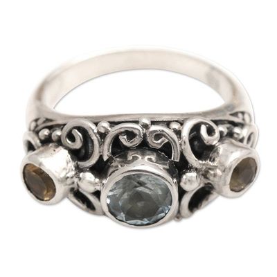 Alternate image for Balinese Citrine Sterling Silver and Blue Topaz Ring Spirit of the Islands
