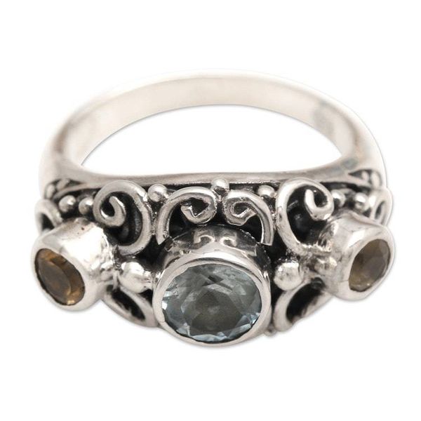 Alternate image for Balinese Citrine Sterling Silver and Blue Topaz Ring Spirit of the Islands