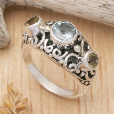 Alternate image for Balinese Citrine Sterling Silver and Blue Topaz Ring Spirit of the Islands