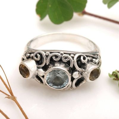 Alternate image for Balinese Citrine Sterling Silver and Blue Topaz Ring Spirit of the Islands