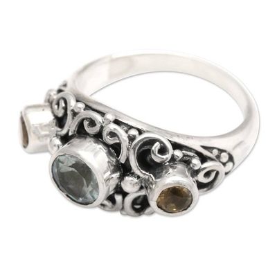 Alternate image for Balinese Citrine Sterling Silver and Blue Topaz Ring Spirit of the Islands