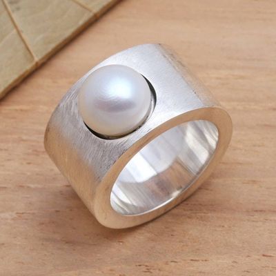 Alternate image for Handmade Sterling Silver and Pearl Band Ring Simplicity