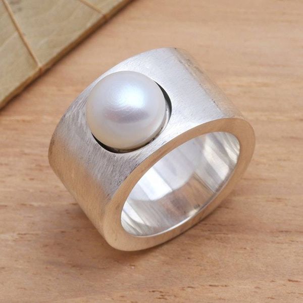 Alternate image for Handmade Sterling Silver and Pearl Band Ring Simplicity