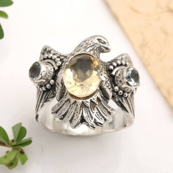 Alternate image for Sterling Silver Eagle Theme Ring with Citrine and Blue Topaz Golden Eagle