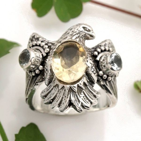 Alternate image for Sterling Silver Eagle Theme Ring with Citrine and Blue Topaz Golden Eagle