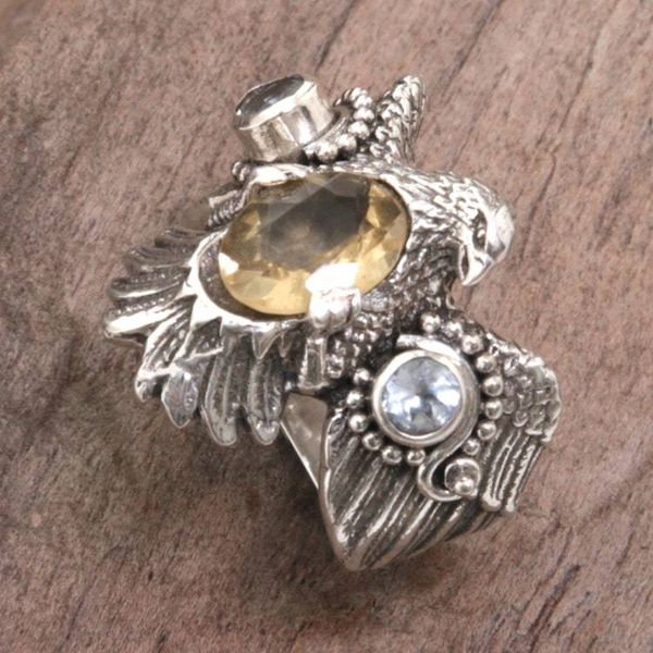 Alternate image for Sterling Silver Eagle Theme Ring with Citrine and Blue Topaz Golden Eagle