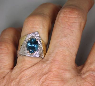 Alternate image for London Blue Topaz Ring, One of a Kind Blue Topaz Ring, Contemporary Artistic Mixed Metal Wide London Topaz Ring, Elegant Cocktail Ring Size 7.5