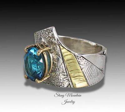 Alternate image for London Blue Topaz Ring, One of a Kind Blue Topaz Ring, Contemporary Artistic Mixed Metal Wide London Topaz Ring, Elegant Cocktail Ring Size 7.5
