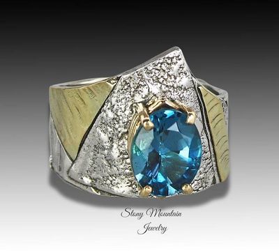 Alternate image for London Blue Topaz Ring, One of a Kind Blue Topaz Ring, Contemporary Artistic Mixed Metal Wide London Topaz Ring, Elegant Cocktail Ring Size 7.5