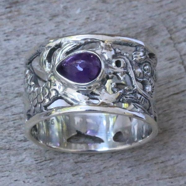 Alternate image for Sterling Silver and Amethyst Band Ring Dragon Guardian
