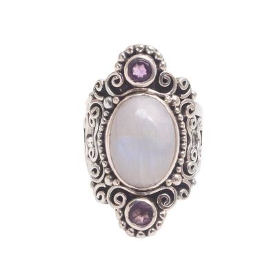 Alternate image for Rainbow Moonstone and Amethyst Cocktail Ring from Bali Glimpse of Sukawati
