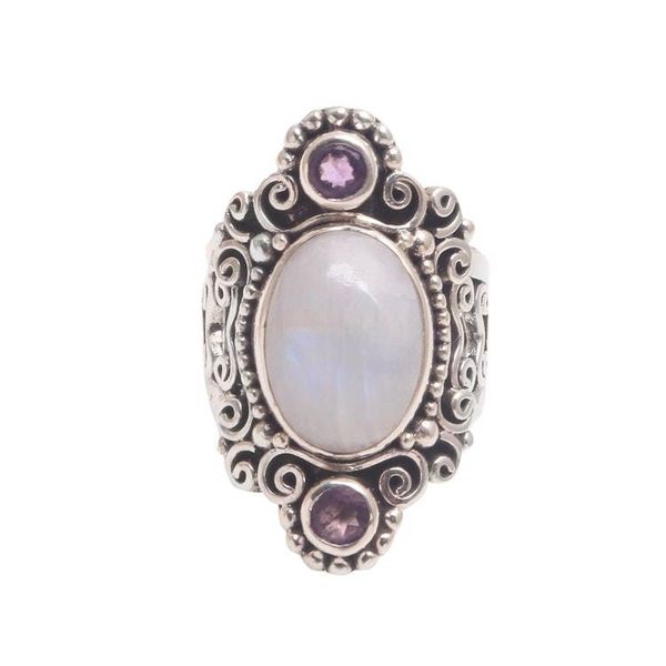 Alternate image for Rainbow Moonstone and Amethyst Cocktail Ring from Bali Glimpse of Sukawati