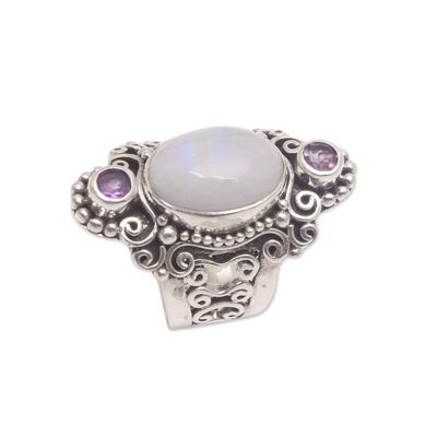 Alternate image for Rainbow Moonstone and Amethyst Cocktail Ring from Bali Glimpse of Sukawati