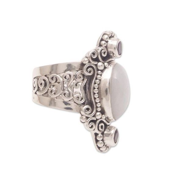 Alternate image for Rainbow Moonstone and Amethyst Cocktail Ring from Bali Glimpse of Sukawati