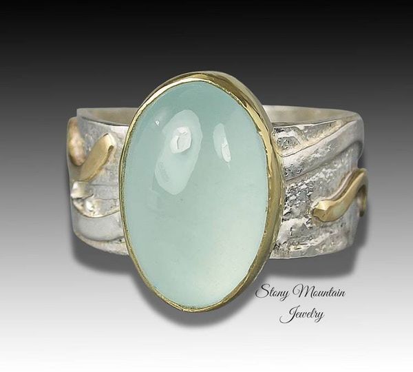 Alternate image for Genuine Aquamarine Ring, One of a Kind Unique Mixed Metal Aquamarine Designer Ring, Elegant Modern Natural Aquamarine Cocktail Ring Size 7.5