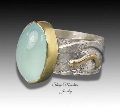 Alternate image for Genuine Aquamarine Ring, One of a Kind Unique Mixed Metal Aquamarine Designer Ring, Elegant Modern Natural Aquamarine Cocktail Ring Size 7.5