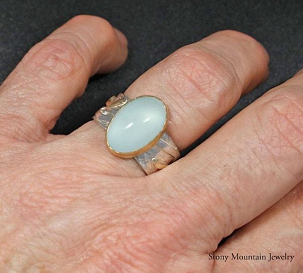 Alternate image for Genuine Aquamarine Ring, One of a Kind Unique Mixed Metal Aquamarine Designer Ring, Elegant Modern Natural Aquamarine Cocktail Ring Size 7.5