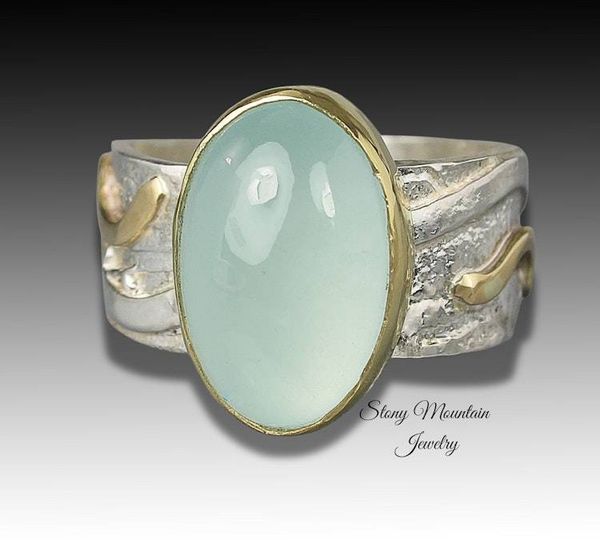 Alternate image for Genuine Aquamarine Ring, One of a Kind Unique Mixed Metal Aquamarine Designer Ring, Elegant Modern Natural Aquamarine Cocktail Ring Size 7.5