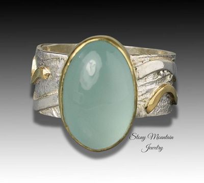 Alternate image for Genuine Aquamarine Ring, One of a Kind Unique Mixed Metal Aquamarine Designer Ring, Elegant Modern Natural Aquamarine Cocktail Ring Size 7.5