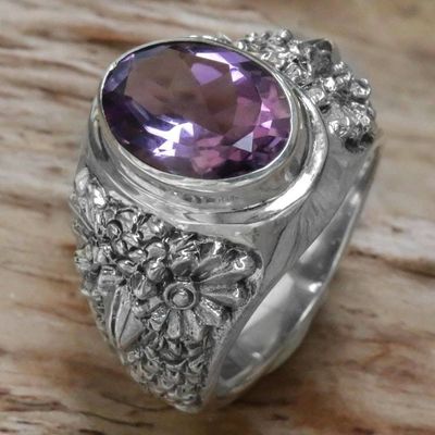 Alternate image for Sterling Silver Amethyst Single Stone Ring from Indonesia Worried Owl