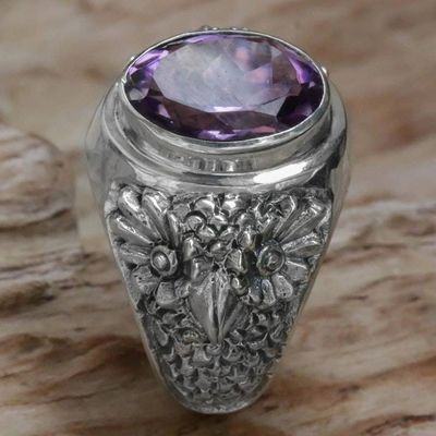 Alternate image for Sterling Silver Amethyst Single Stone Ring from Indonesia Worried Owl