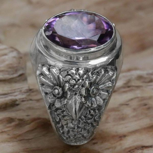 Alternate image for Sterling Silver Amethyst Single Stone Ring from Indonesia Worried Owl