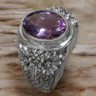 Alternate image for Sterling Silver Amethyst Single Stone Ring from Indonesia Worried Owl