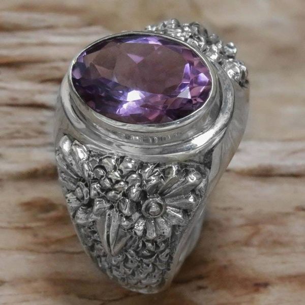 Alternate image for Sterling Silver Amethyst Single Stone Ring from Indonesia Worried Owl
