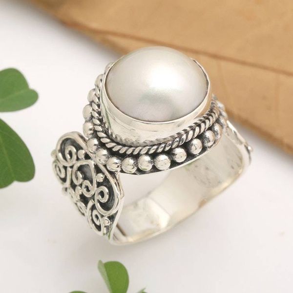 Alternate image for White Mabe Pearl Cocktail Ring in Sterling Silver Setting Purely White