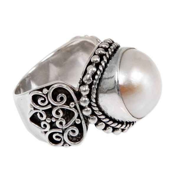 Alternate image for White Mabe Pearl Cocktail Ring in Sterling Silver Setting Purely White