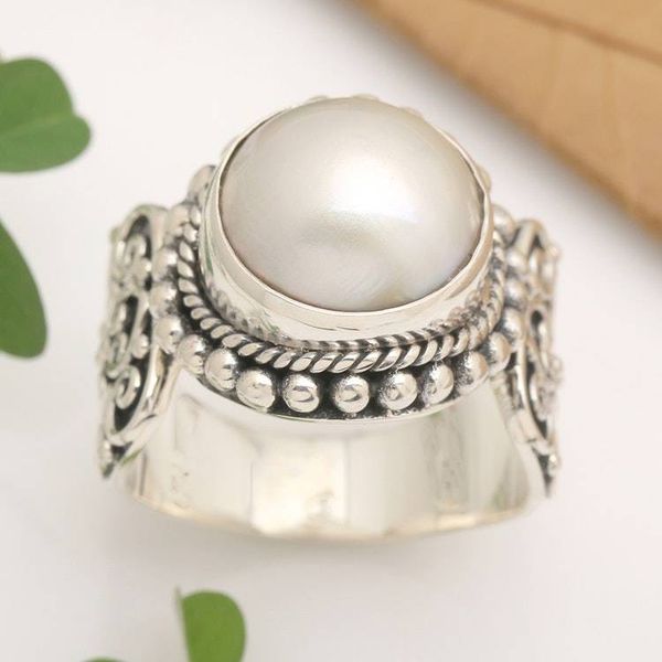 Alternate image for White Mabe Pearl Cocktail Ring in Sterling Silver Setting Purely White