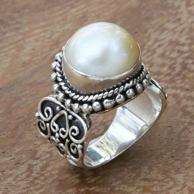 Alternate image for White Mabe Pearl Cocktail Ring in Sterling Silver Setting Purely White