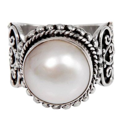 Alternate image for White Mabe Pearl Cocktail Ring in Sterling Silver Setting Purely White