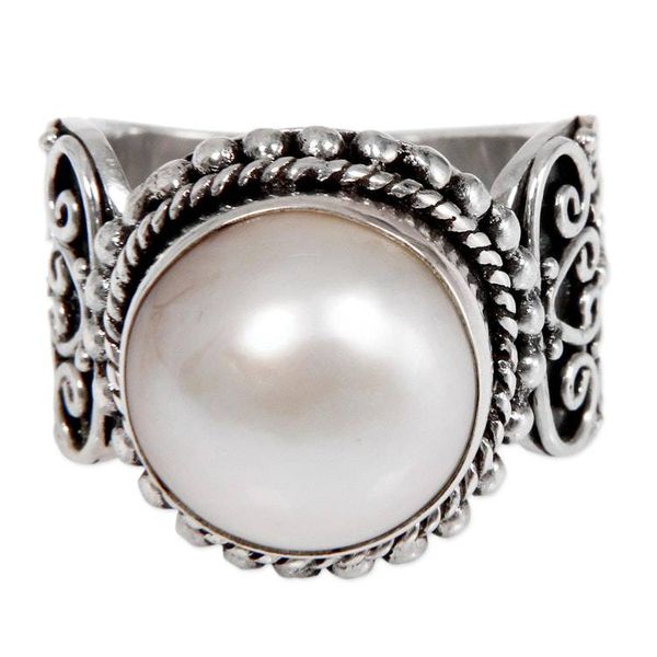 Alternate image for White Mabe Pearl Cocktail Ring in Sterling Silver Setting Purely White