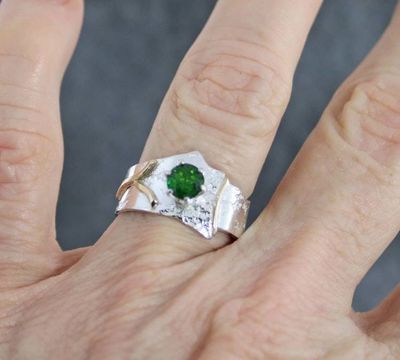 Alternate image for Genuine Chrome Diopside Ring, Unique Modern Mixed Metal Diopside Ring, Artistic Elegant Silver & Gold Cocktail Ring, Unique Gift